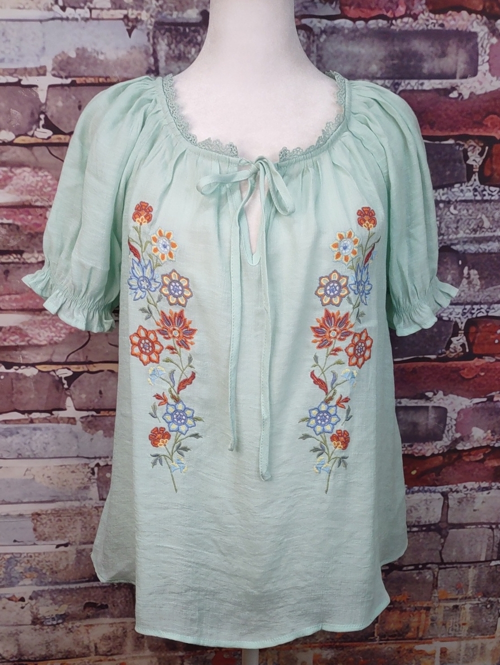 Blu Pepper Embroidered Tie-Neck Peasant Blouse